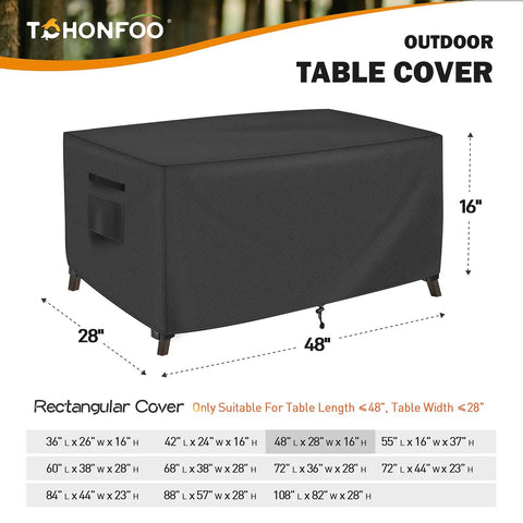 Black waterproof outdoor coffee table cover, UV resistant and heavy duty, fits 48x28x16 inch tables, ideal for backyard use.