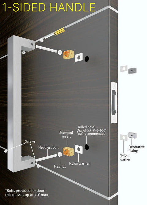 Sleek 48 Inch Single Sided Modern Stainless Steel Front Door Handle With A Slick Brushed Nickel Satin Finish For Exterior Push Pull Use on a wood door showing installation details.