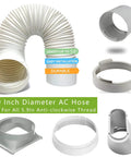 Sturdy 5.9 Inch Portable AC Exhaust Hose with Built In Steel Ring, showing thick polypropylene material and fittings for window adapters