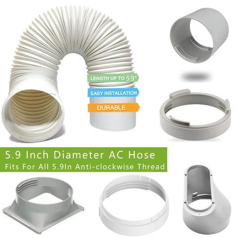 Sturdy 5.9 Inch Portable AC Exhaust Hose with Built In Steel Ring, showing thick polypropylene material and fittings for window adapters