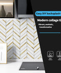Herringbone Peel And Stick Backsplash Tiles With Self Adhesive Marble Look For Kitchen And Bath 10 Sheets Covering About 10 Sq Ft Waterproof Heat Resistant Stain Resistant Anti Scratch White Mixed Gold Metal on kitchen wall