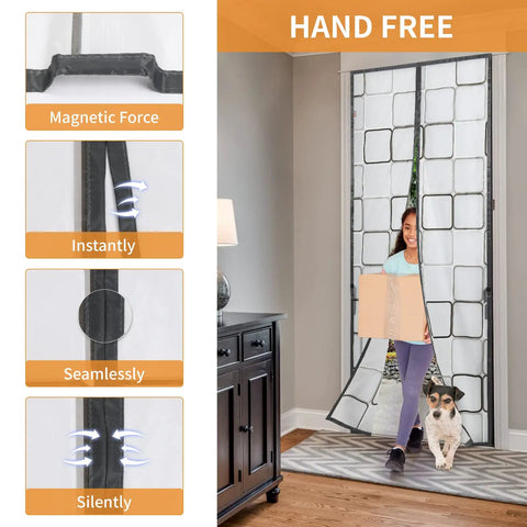 Magnetic Insulated Door Curtain 36x82 Inch Thermal Seal For Winter Weather Keeps Cold Air Out And Warm Air In, in use with person and dog.