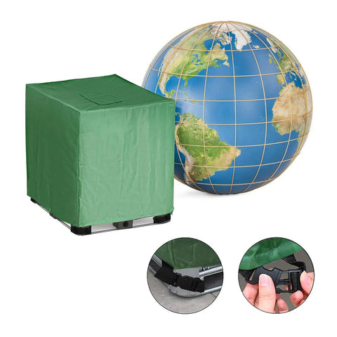 Green 275 Gallon IBC Tote Cover Slick Waterproof Hood over tank, showing durability and zippered closure.