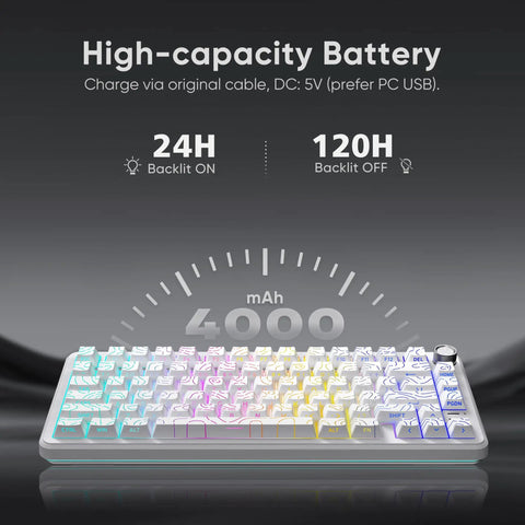 Dope Tri Mode Wireless Mechanical Keyboard With Hot Swappable Prelubed Coconut Switches Gasket Mount Rgb Lighting Cnc Knob And White Contour Build showing high-capacity battery specs.