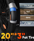 Close-up of 20-inch fat tire suitable for city, soil, sand, and snow surfaces on Fat Tire Electric Bike For Adults With 28 MPH Top Speed, 48V Power, And 80 Mile Range, 7 Speed Gear, Front And Rear Suspension, Adjustable Seat For Teens And Adults, UL 2849 Certified, 20 Inch Fat Tires, Black.