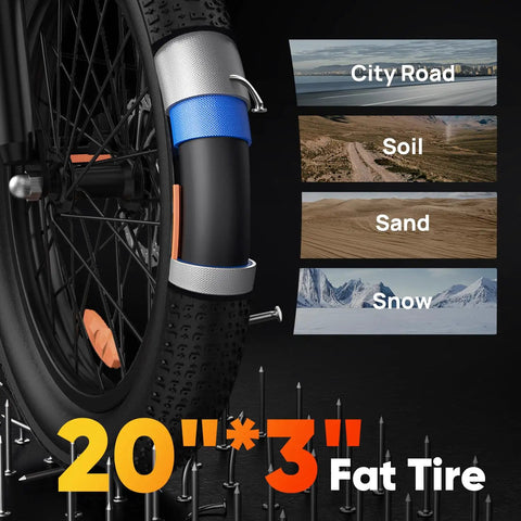 Close-up of 20-inch fat tire suitable for city, soil, sand, and snow surfaces on Fat Tire Electric Bike For Adults With 28 MPH Top Speed, 48V Power, And 80 Mile Range, 7 Speed Gear, Front And Rear Suspension, Adjustable Seat For Teens And Adults, UL 2849 Certified, 20 Inch Fat Tires, Black.