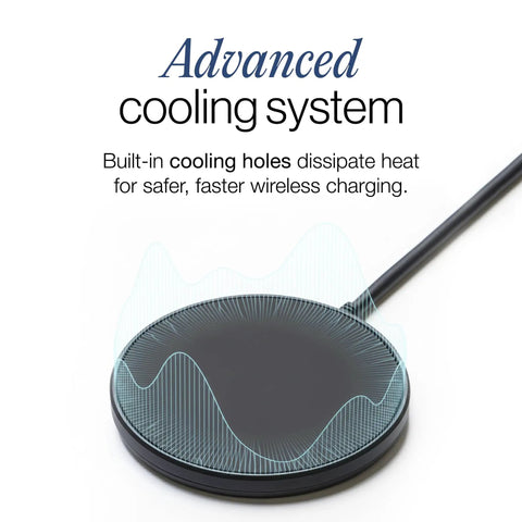 Dope Wireless Charger Pad 15W For iPhone AirPods And Android Devices MagSafe Compatible Non Slip Surface With Advanced Cooling USB C Powered No AC Adapter showing cooling system.
