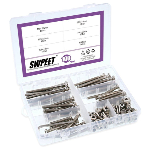 100 Piece Crib Hardware Screw Kit With Nickel Plated M6 Hex Socket Head Screws In 40 50 60 70 80mm Lengths, Barrel Nuts, And Allen Wrench Included For Easy Furniture, Cot And Baby Crib Repairs in labeled plastic case