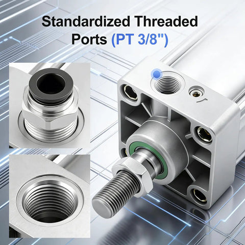 Close-up of PT3/8 port on Industrial Pneumatic Cylinder 63mm Bore, 800mm Stroke, with threaded connection details.