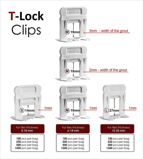One Eighth Inch T Lock Tile Leveling Kit With 300 Spacers And 100 Wedges chart showing clip sizes for various thicknesses