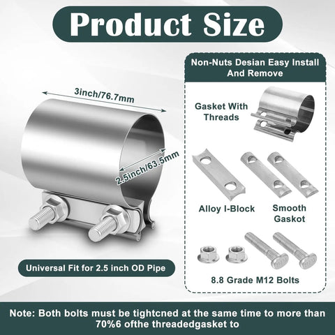 Four Piece 2.5 Inch Exhaust Clamp Set Stainless Steel 304 Quick No Weld Butt Joint Band Sleeve Coupler details and dimensions