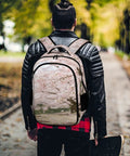 Soft Pink Sakura Spring Scene Printed Unisex Backpack on man in leather jacket walking through park