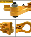 Front/side/close-up collage of CooTentler yellow heavy-duty steel pallet puller clamp with spike jaw and large eye hook.