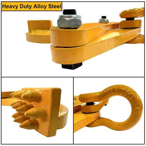 Front/side/close-up collage of CooTentler yellow heavy-duty steel pallet puller clamp with spike jaw and large eye hook.