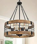 Rustic Farmhouse Industrial Drum Pendant Chandelier With Natural Wood Texture And Black Metal Mesh Cage