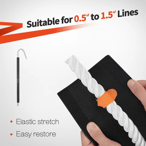 Dock Line Chafe Guards 26 Inch 4 Pack Neoprene Padding That Is Skin Friendly And Non Abrasive With Two Rope Telescopic Fixation Straps shown with rope