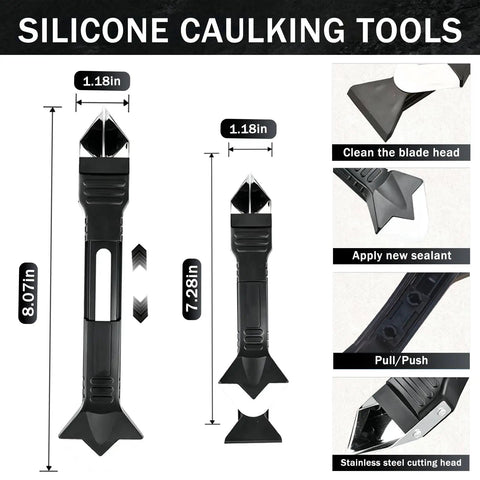3 In 1 Caulk Remover Tool Set With Silicone Caulking Tools And Sealant Smoothing Five Interchangeable Pads Non Slip Push Pull Grip No Fuss Mess Free Finish For Bathroom Kitchen Tile Window And Sink, black 8.07in tool, 1.18in head
