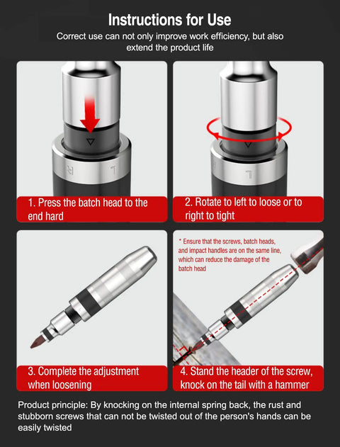 Instructions for using Heavy Duty Impact Driver Bit Set With S2 Alloy Steel Bits And Broken Bolt Extractor, Rust Screw Extractor Kit
