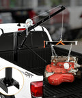 Garvee 1000 LBS pickup truck crane, black with hydraulic hoist and winch; installed in truck bed lifting an engine.