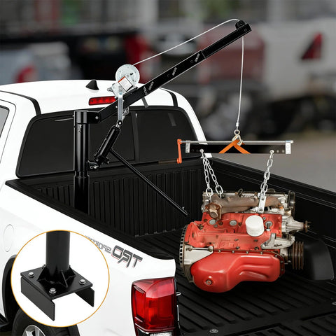Garvee 1000 LBS pickup truck crane, black with hydraulic hoist and winch; installed in truck bed lifting an engine.