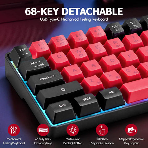 Solid Compact 68 Key Wired Keyboard With Butter Smooth Tactile Keys Dope Rainbow Rgb Backlights showing red and black keys.