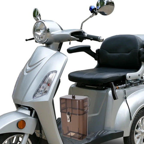 Tough As Nails Universal Electric Vehicle Charger Cover on silver electric scooter with waterproof housing and lock.