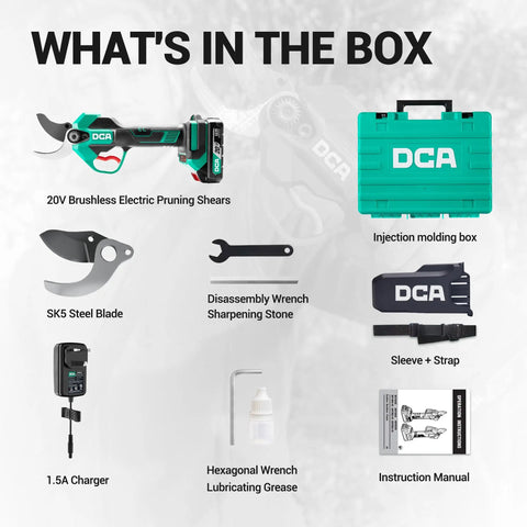 Cordless 20v Brushless Electric Pruning Shears With Dual 20ah Batteries And Sk5 Steel Blades Make Snipping Garden Limbs A Smooth Piece Of Cake Up To 14 Inches Easily kit contents including shears, SK5 blade, charger, and tools.