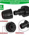Three Pack One Half Inch Drip Irrigation Tubing To Three Quarters Inch Garden Hose Adapter Fittings in black plastic