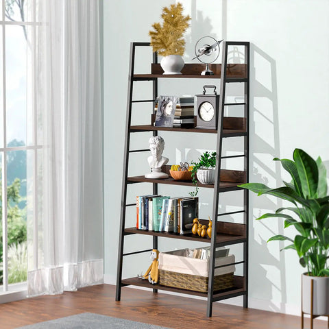 Solid Five Tier Industrial Ladder Bookshelf In Rustic Brown, Steel Frame Leaning Rack For Plants And Daily Gear, Hella Sturdy Freestanding Floor Bookcase For Chill Living Rooms Or Crisp Home Studios