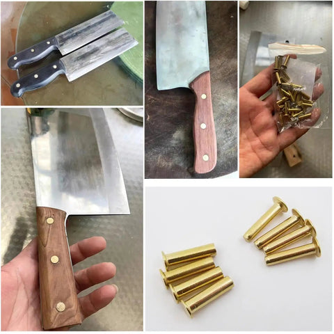 Premium brass knife handle rivet kit for kitchen knives; includes 9 pairs of brass fixing pins and wooden knife handle for cutlery repair.