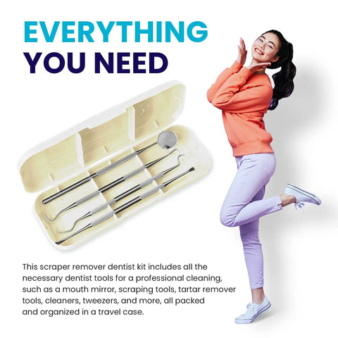Pro Grade At Home Dental Tools Kit with Plaque Remover, Teeth Cleaning Pick, Stainless Steel Mirror, Scraper and Scaler in case