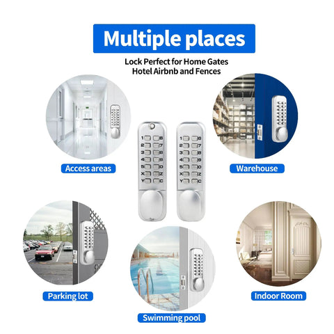 MX920 Double Keypad Mechanical 14 Key Combination Lock displayed in various locations, highlighting versatility and use cases.