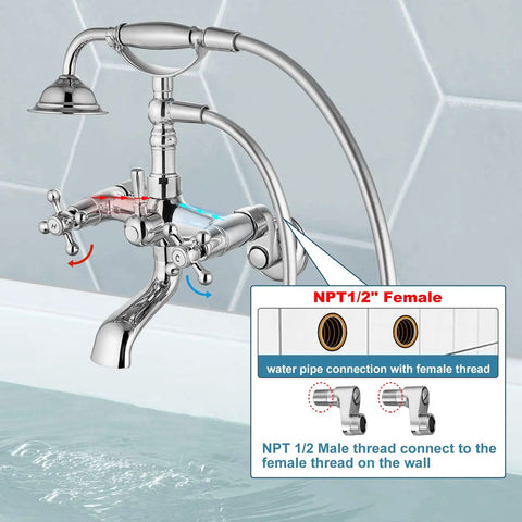 Polished Chrome Clawfoot Tub Faucet Set With Handheld Shower Wall Mount Tub Filler Two Cross Handles And Tub Spout Victorian Style