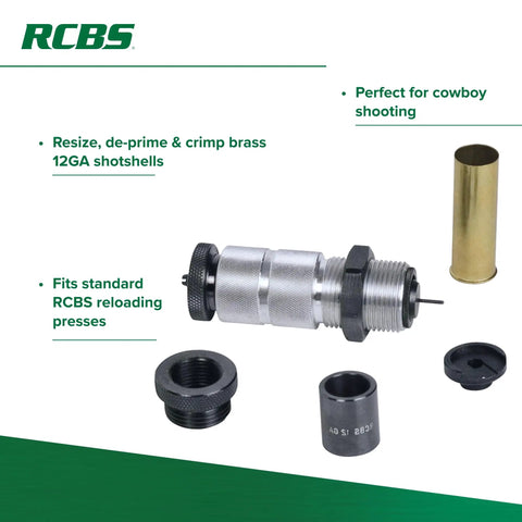 Cowboy Shotshell Die Set For 12 Gauge Brass Resizing Depriming And Crimping Perfect For Cowboy Action Shooting And Home Hand Reloading Of Shotgun Shells Great For Precision And Reliability displayed with components