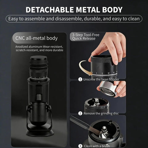 Heavy Duty Electric Burr Coffee Grinder With Sixty Fine Adjustments And 48 Millimeter Conical Steel Burrs For Dank Fresh Grinding And Smooth Barista Style Single Dose Pulls showing detachable metal body for easy cleaning.