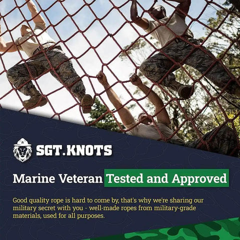 Climbers on rope net with SGT. KNOTS logo and text 'Marine Veteran Tested and Approved', showcasing reliability.