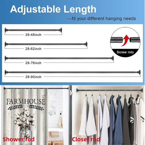 Industrial Style Wall Mounted Shower Rod Adjustable From 28 To 76 Inches Matte Black Finish in bathroom and closet settings