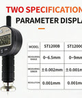 Digital surface roughness tester with display and specifications chart, models ST1200B and ST1200C, handheld, portable device.