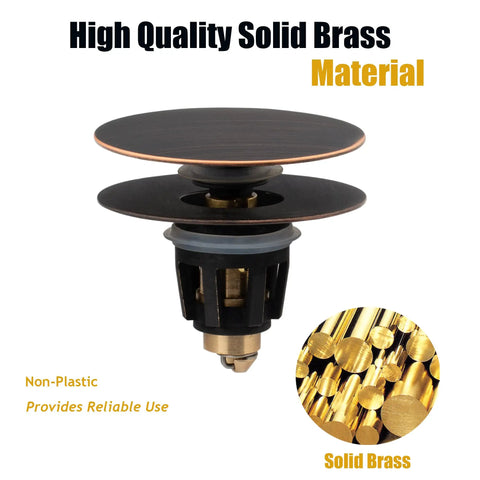 Universal Bathroom Sink Drain Stopper That Fits Most Pop Up Drains For Vessel Sinks And Lavatories With Detachable Hair Catcher Strainer In Oil Rubbed Bronze Finish And Easy Install Plumber Tested In US, featuring solid brass material