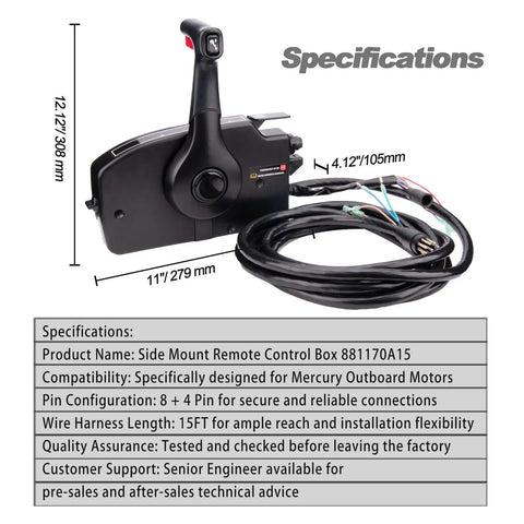 Right Hand Marine Throttle Remote Control Box Gen I Model 881170A15 with 15 Ft Cable next to specifications chart.