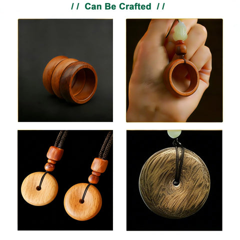 Crafted wooden rings and pendants made using the Easy Ring Making Drill Bit Set for Wood, 34 Piece Kit With 16 to 23 mm Blades.