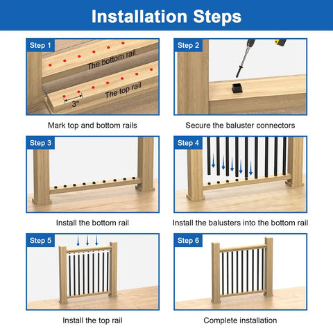 Installation steps for 60 Pack 32 Inch Square Aluminum Deck Balusters Built Like A Tank with black metal spindles.