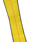 Close-up of yellow webbing with edge guard on Premium Ratchet Tie Down Strap With Aluminum Handle And Double J Hook, 2 Inch By 30 Foot