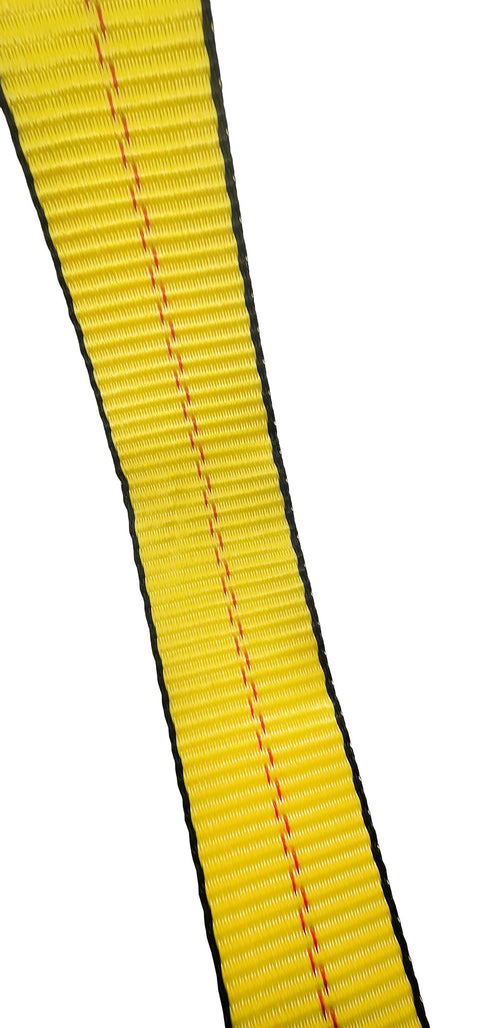 Close-up of yellow webbing with edge guard on Premium Ratchet Tie Down Strap With Aluminum Handle And Double J Hook, 2 Inch By 30 Foot