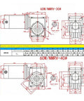 Hella Tough 60W DC Worm Gear Motor With 12V And 24V Hookup Featuring Knob Speed Control and Tight Right Angle Drive technical drawing.