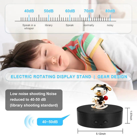 Bosgladek Motorized Rotating Display Stand with dog figurine, 5.12-inch black platform, 40-50 dB low noise suitable for displays.