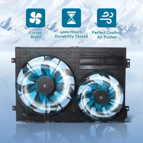 Premium Engine Radiator Cooling Fan Assembly Fits Audi A3 VW Jetta GTI Passat Beetle Tiguan with curved blades.