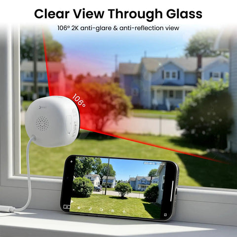 No Drill Window Camera Kit 2K 2 Pack With Dual Band WiFi Two Point Four GHz And Five GHz Dome Cameras for indoor security behind glass.