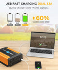 Gutsy 2000W Power Inverter Switches 12V Battery To 120V AC With Solid Modified Sine Wave Design powering a laptop and smartphone.