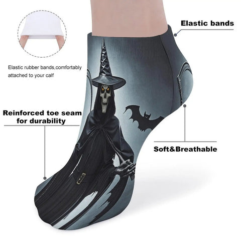 Dark-themed sock with skull print showing elastic bands, reinforced toe seam, soft breathable fabric, close-up view.